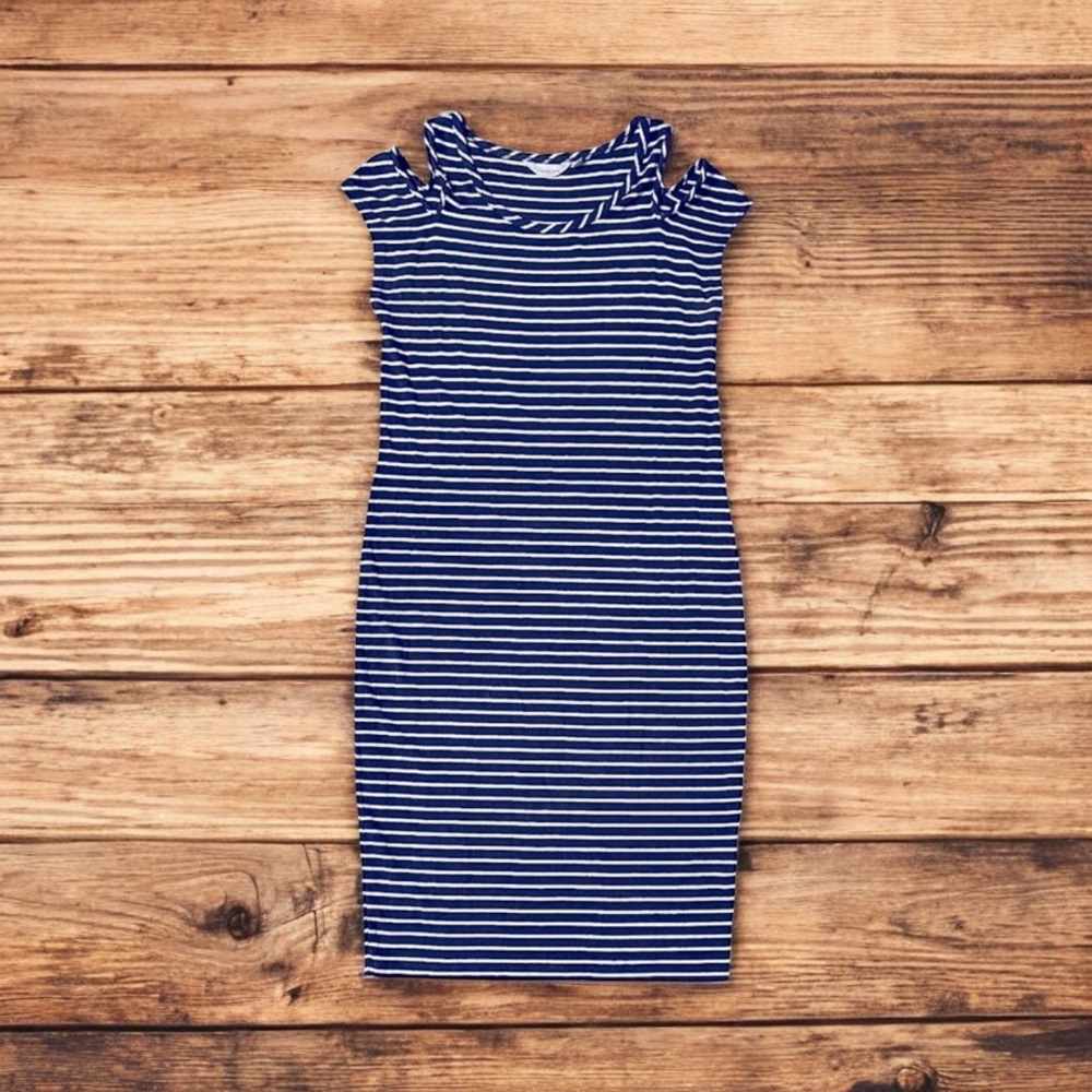 Athleta like new cold shoulder navy Heather grey stretchy soft knit midi dress - Picture 8 of 8